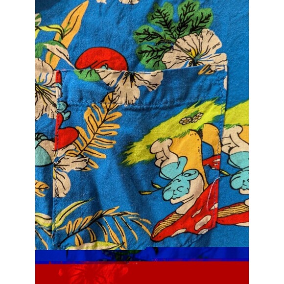 The Smurfs Men’s Hawaiian Shirt XL Blue Floral Button Front Cartoon Retro Print - Picture 6 of 10